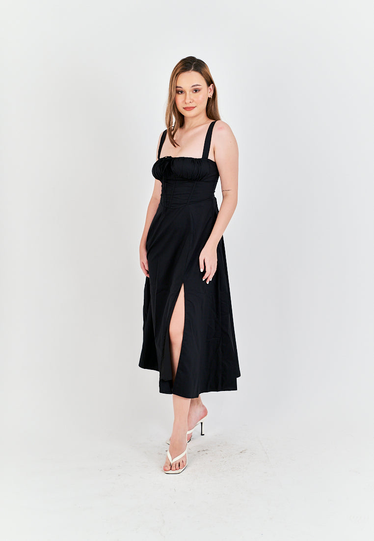 Lylie Black Square Neck Tie Bust Shoulder Strap Side Zipper with Slit Midi Dress