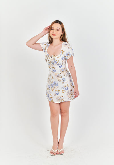 Maely White with Blue Floral Bow Bust Back Zipper Short Sleeves Mini Dress