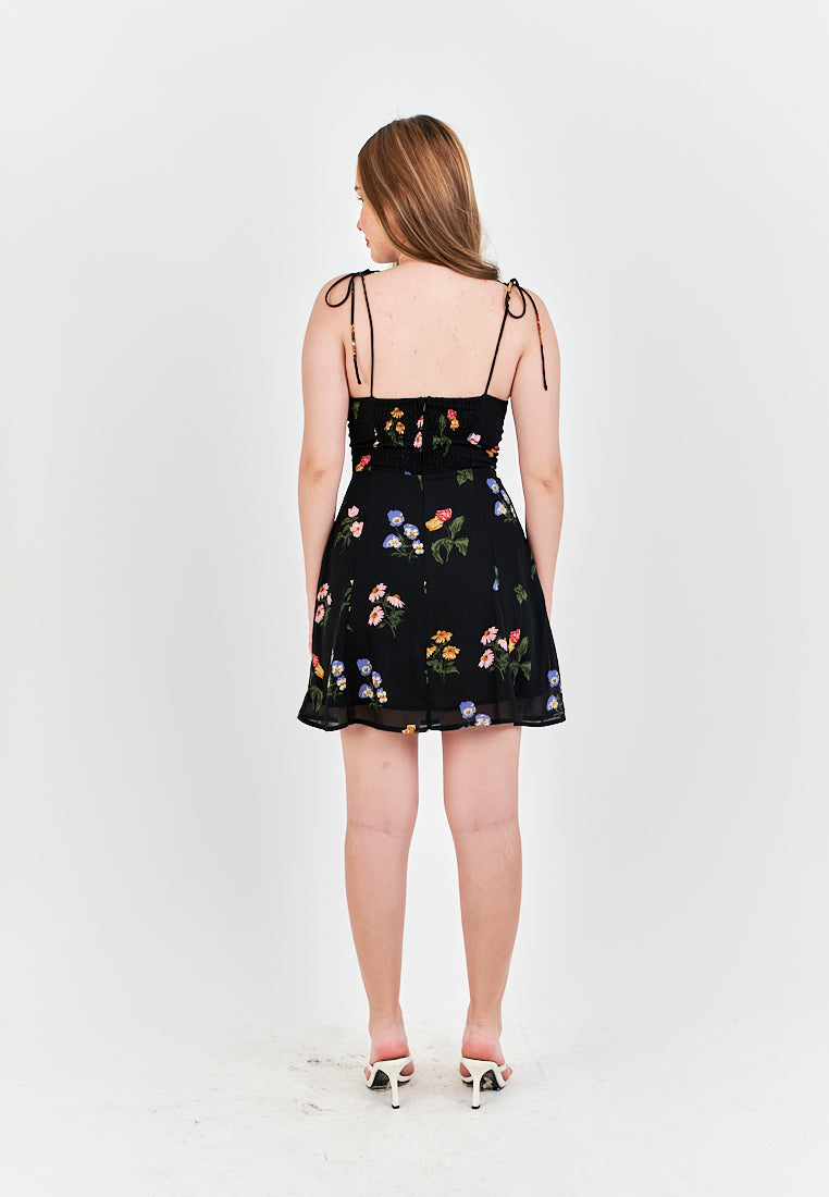 Adelita Black Floral All Over Print Sleeveless Self Tie Mini Dress