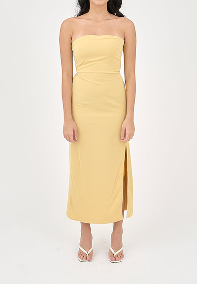 Solana Butter Yellow with Slit Tube Midi Dress