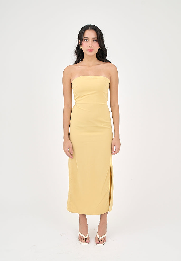 Solana Butter Yellow with Slit Tube Midi Dress