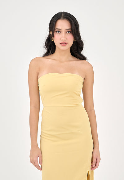 Solana Butter Yellow with Slit Tube Midi Dress