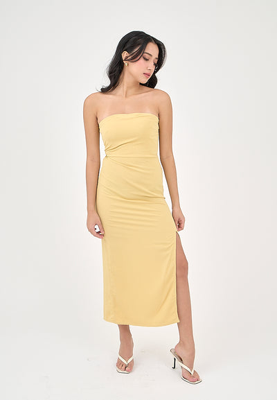 Solana Butter Yellow with Slit Tube Midi Dress