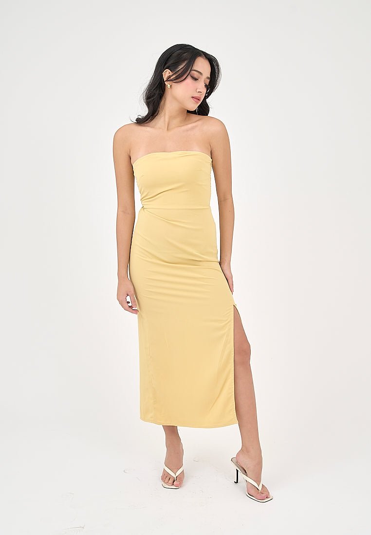 Solana Butter Yellow with Slit Tube Midi Dress