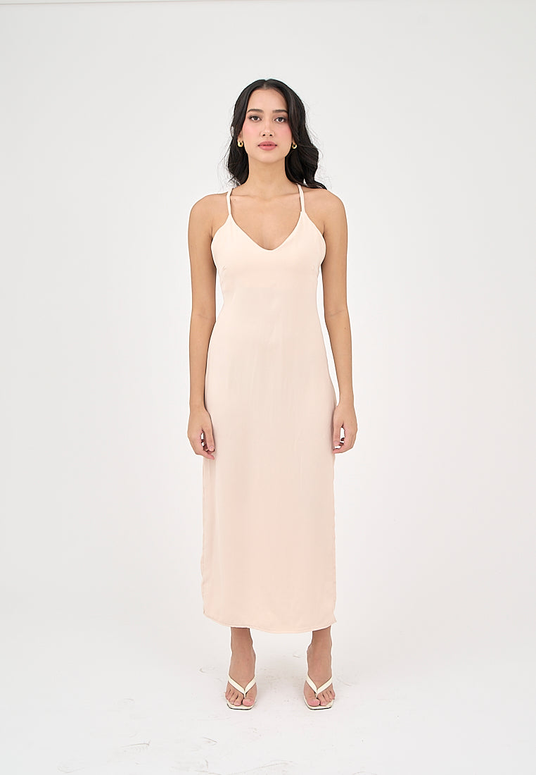 Merith Blush Pink V-Neck with High Slit Midi Dress