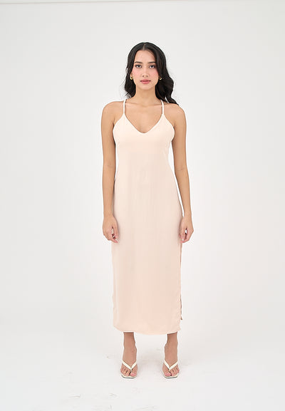 Merith Blush Pink V-Neck with High Slit Midi Dress