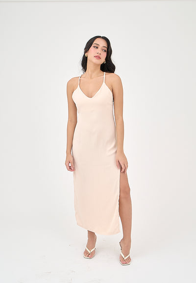 Merith Blush Pink V-Neck with High Slit Midi Dress