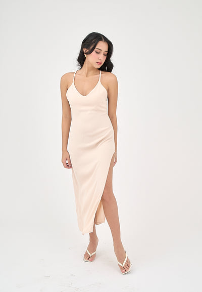 Merith Blush Pink V-Neck with High Slit Midi Dress