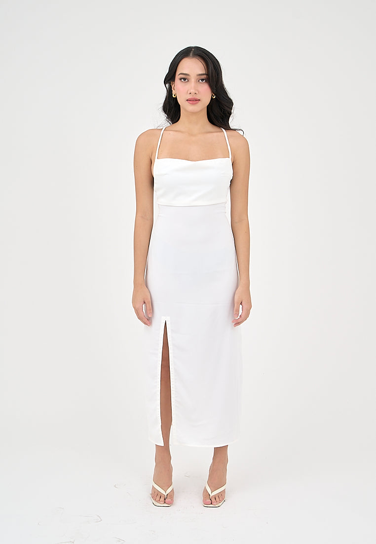 Marguerite Off White Cowl Neck and back strapy Detail Midi Dress