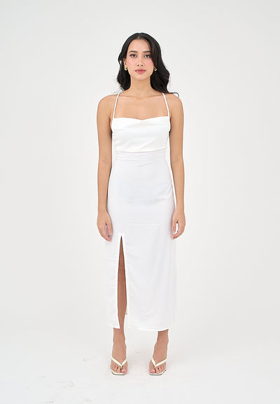 Marguerite Off White Cowl Neck and back strapy Detail Midi Dress