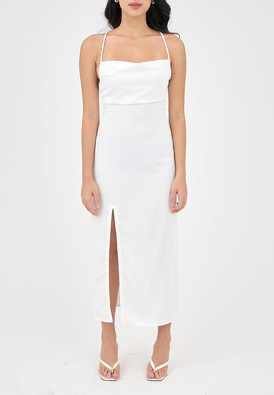 Marguerite Off White Cowl Neck and back strapy Detail Midi Dress