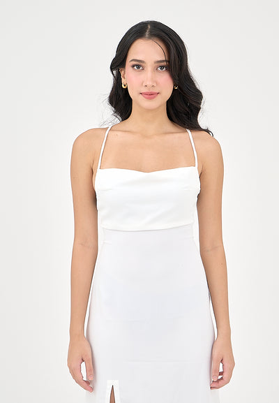 Marguerite Off White Cowl Neck and back strapy Detail Midi Dress