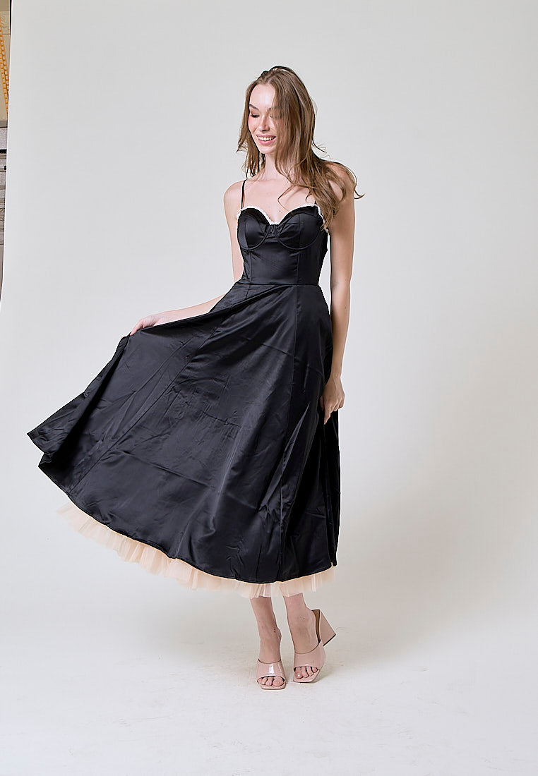 Viola Black Bustier Flowy A Line Midi Dress