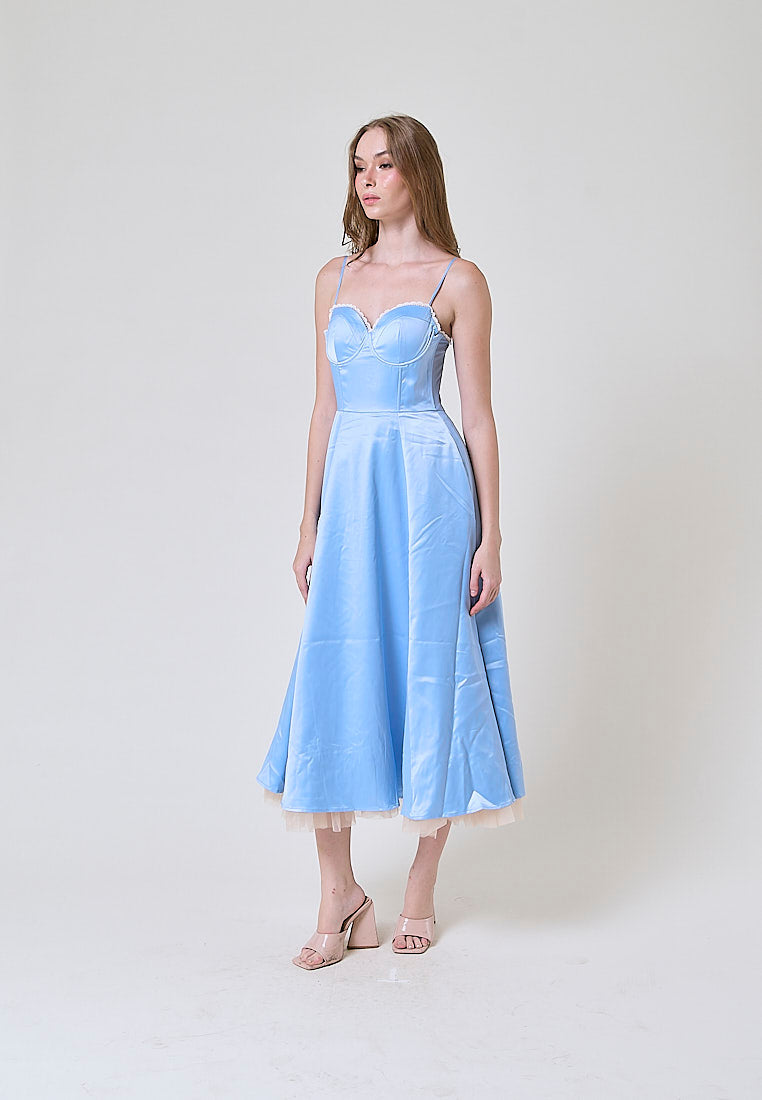 Viola Pastel Blue Bustier Flowy A Line Midi Dress