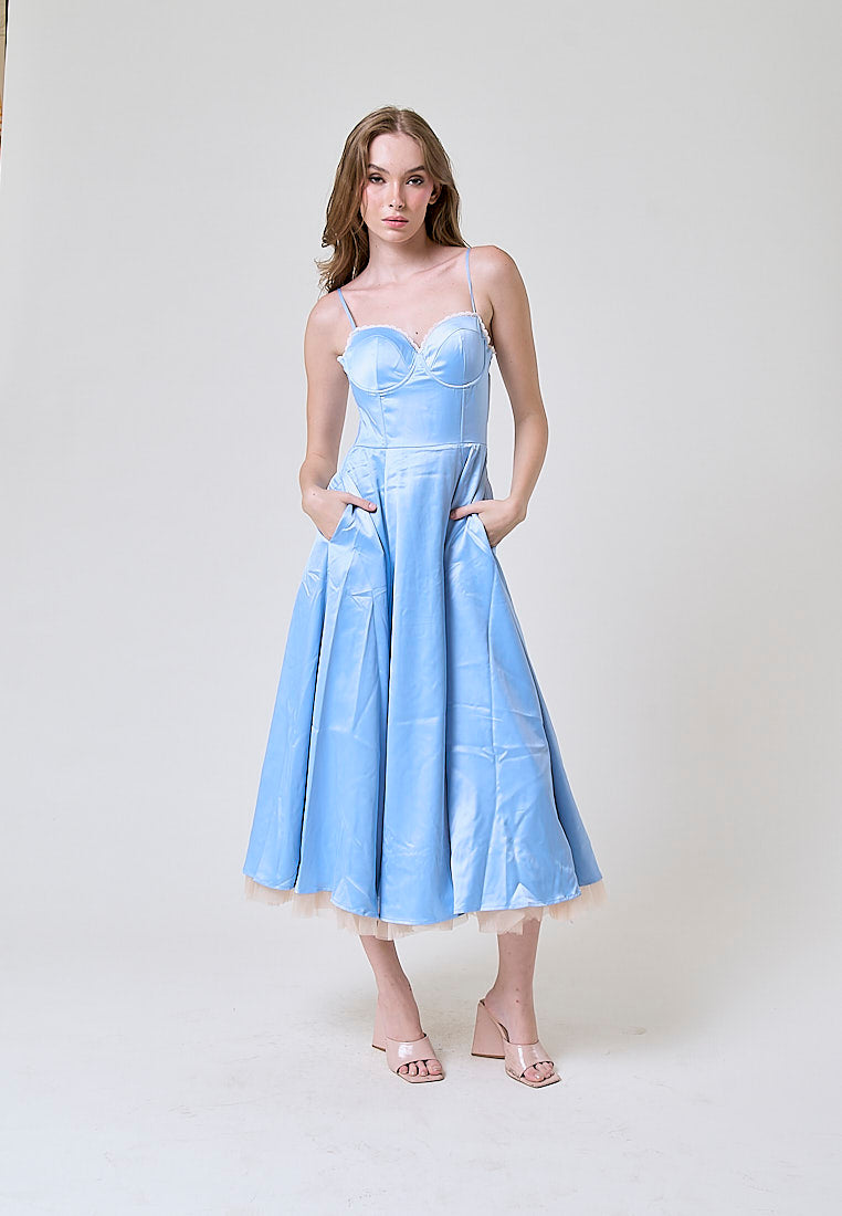 Viola Pastel Blue Bustier Flowy A Line Midi Dress