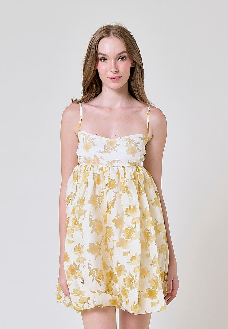 Shamsi Pastel Yellow Floral Lace Babydoll Mini Dress