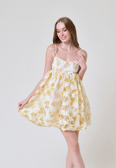 Shamsi Pastel Yellow Floral Lace Babydoll Mini Dress