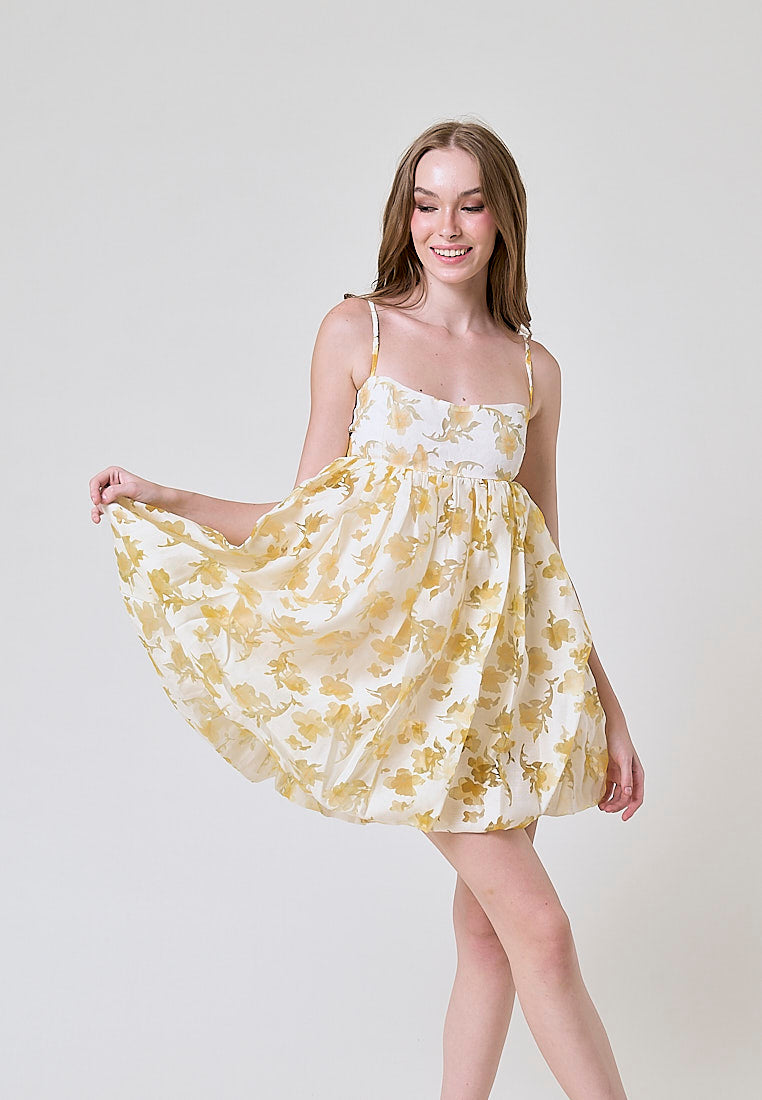 Shamsi Pastel Yellow Floral Lace Babydoll Mini Dress