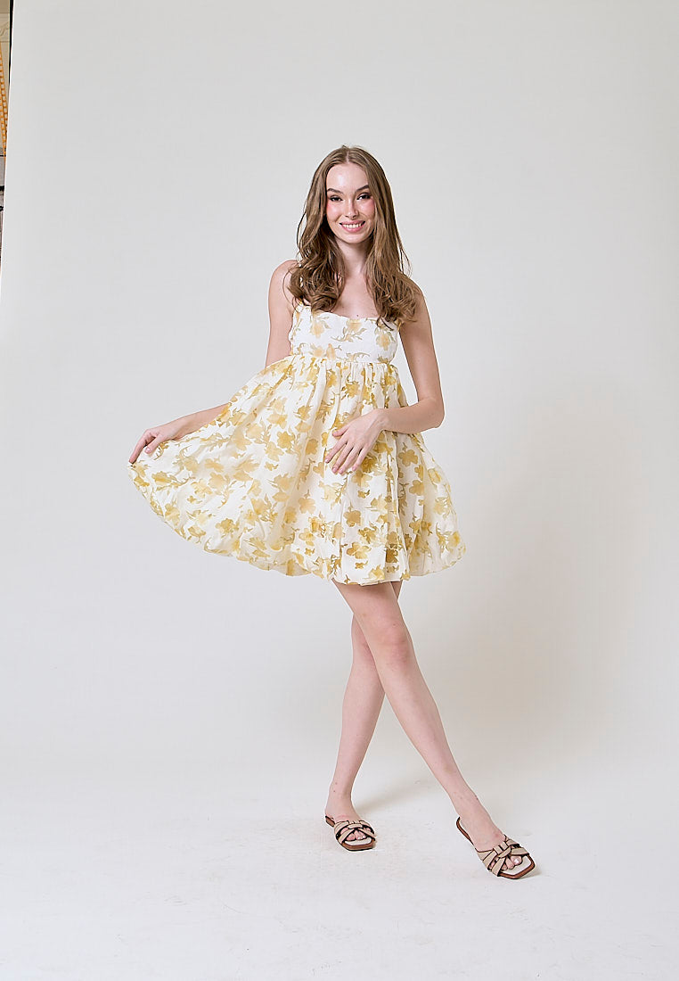 Shamsi Pastel Yellow Floral Lace Babydoll Mini Dress