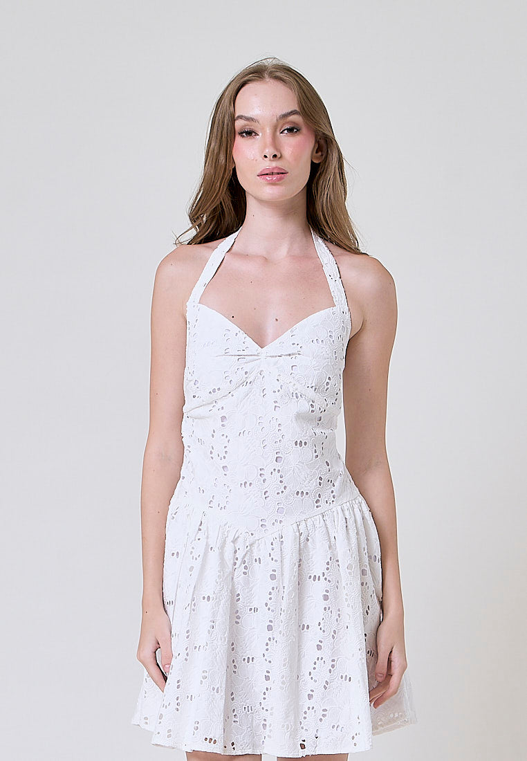 Ruri White Floral Eyelet V-Neck Mini Dress