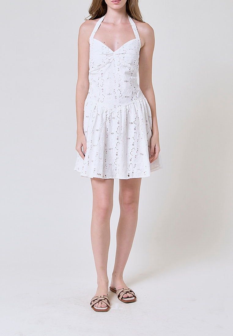 Ruri White Floral Eyelet V-Neck Mini Dress