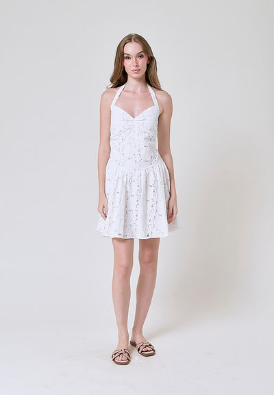 Ruri White Floral Eyelet V-Neck Mini Dress