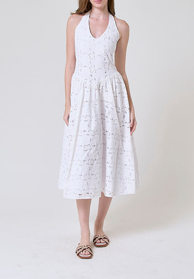 Riona  White Floral Eyelet Halter Midi Dress