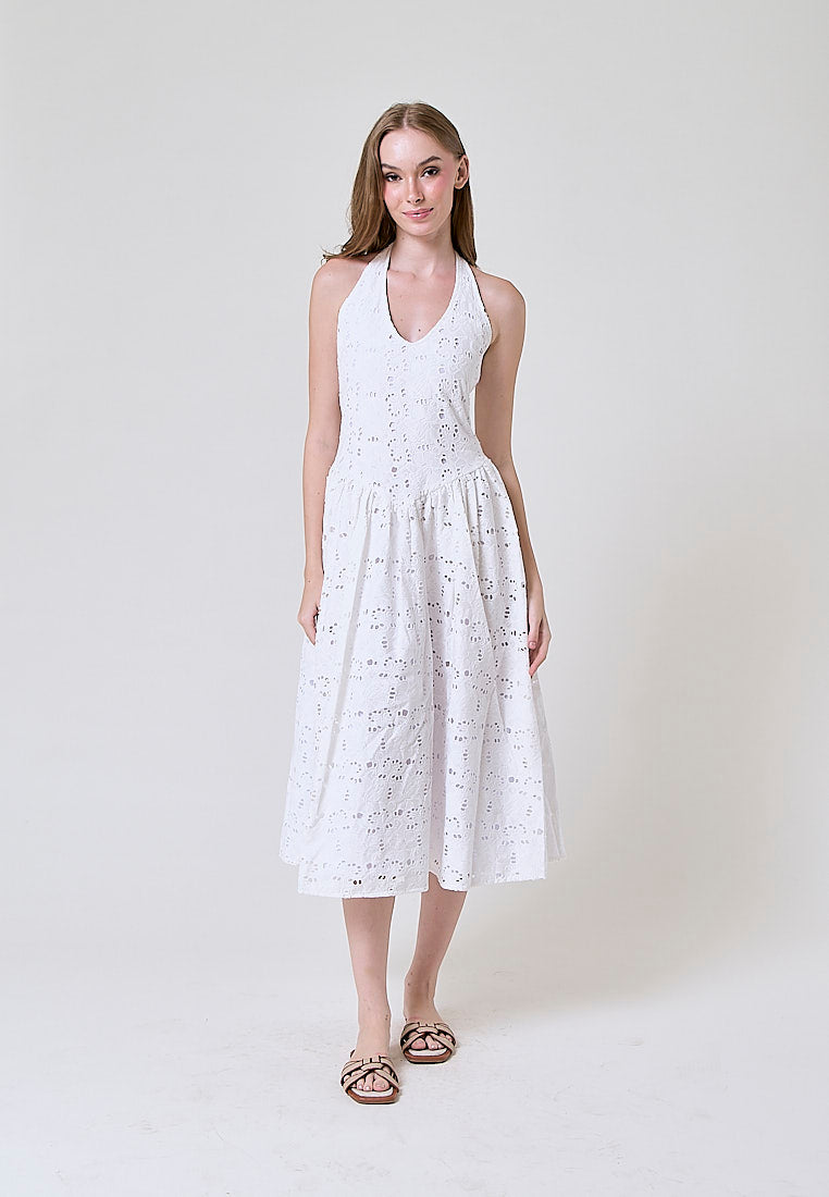 Riona  White Floral Eyelet Halter Midi Dress