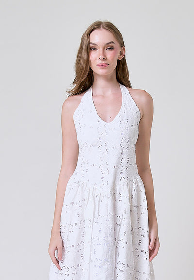 Riona  White Floral Eyelet Halter Midi Dress