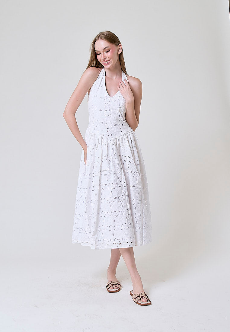 Riona  White Floral Eyelet Halter Midi Dress