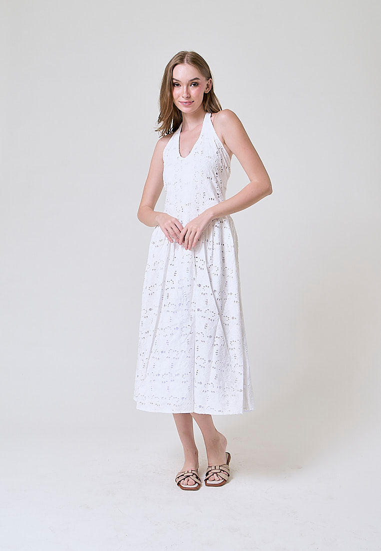 Riona  White Floral Eyelet Halter Midi Dress