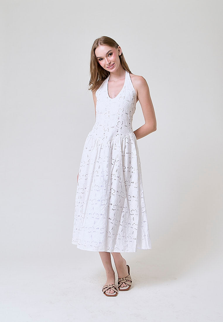 Riona  White Floral Eyelet Halter Midi Dress