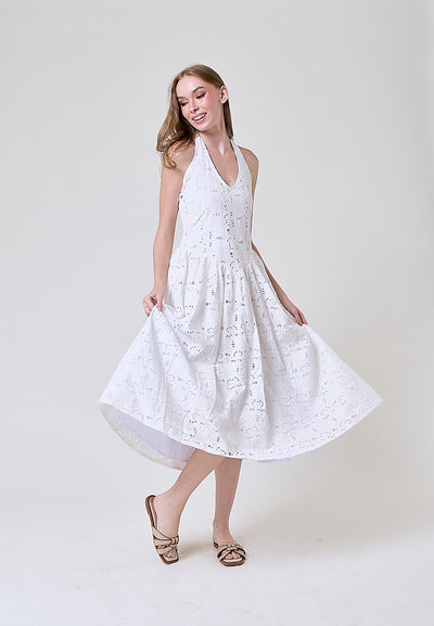 Riona  White Floral Eyelet Halter Midi Dress