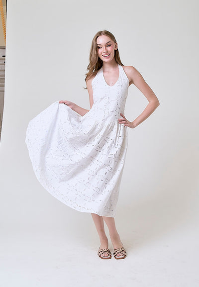 Riona  White Floral Eyelet Halter Midi Dress