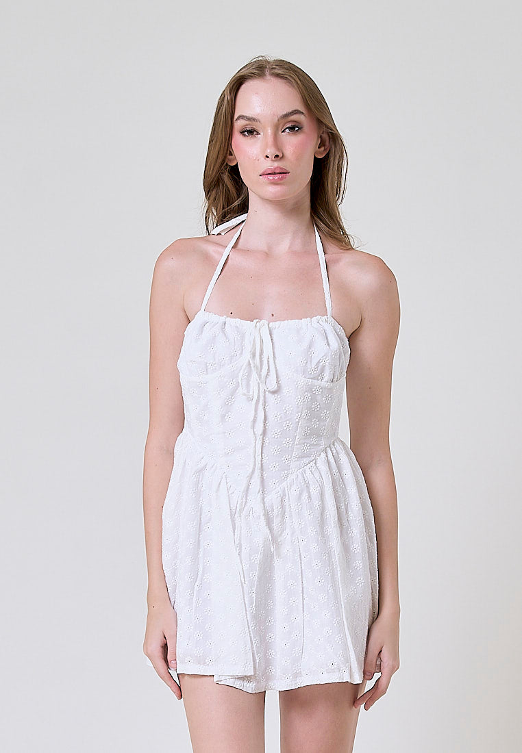 Mavka White Floral Eyelet Self Tie Corset Mini Dress