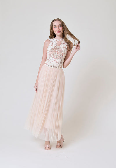 Therese Cream Sleveless Top With Flower Applique And Mesh Skirt Set