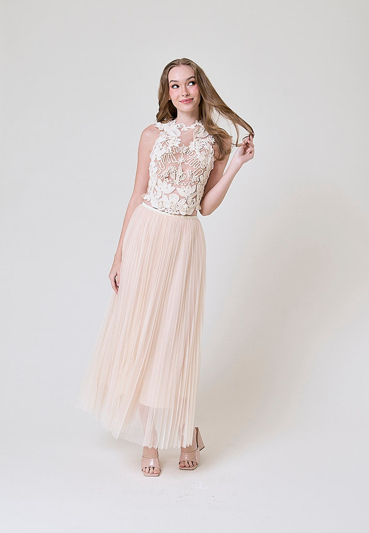 Therese Cream Sleveless Top With Flower Applique And Mesh Skirt Set