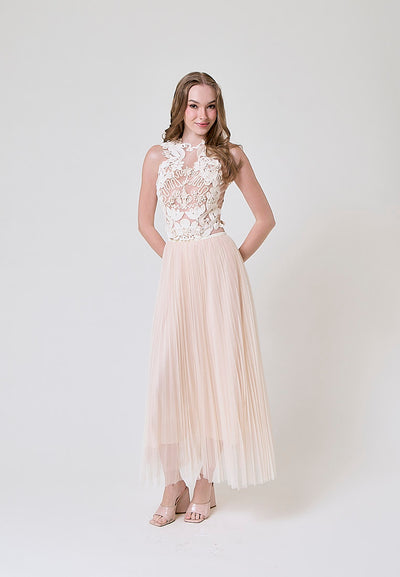 Therese Cream Sleveless Top With Flower Applique And Mesh Skirt Set