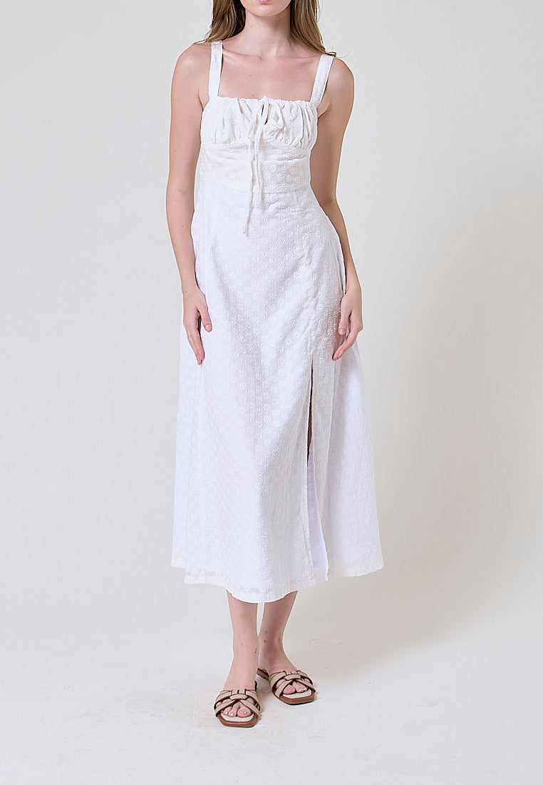 Davina White Floral Embroided Ruched Bust Midi Dress