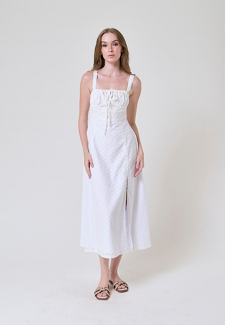 Davina White Floral Embroided Ruched Bust Midi Dress