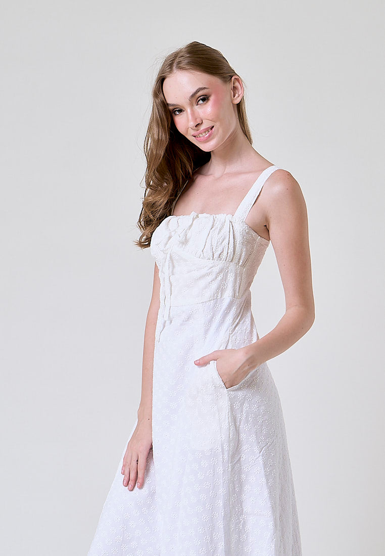 Davina White Floral Embroided Ruched Bust Midi Dress