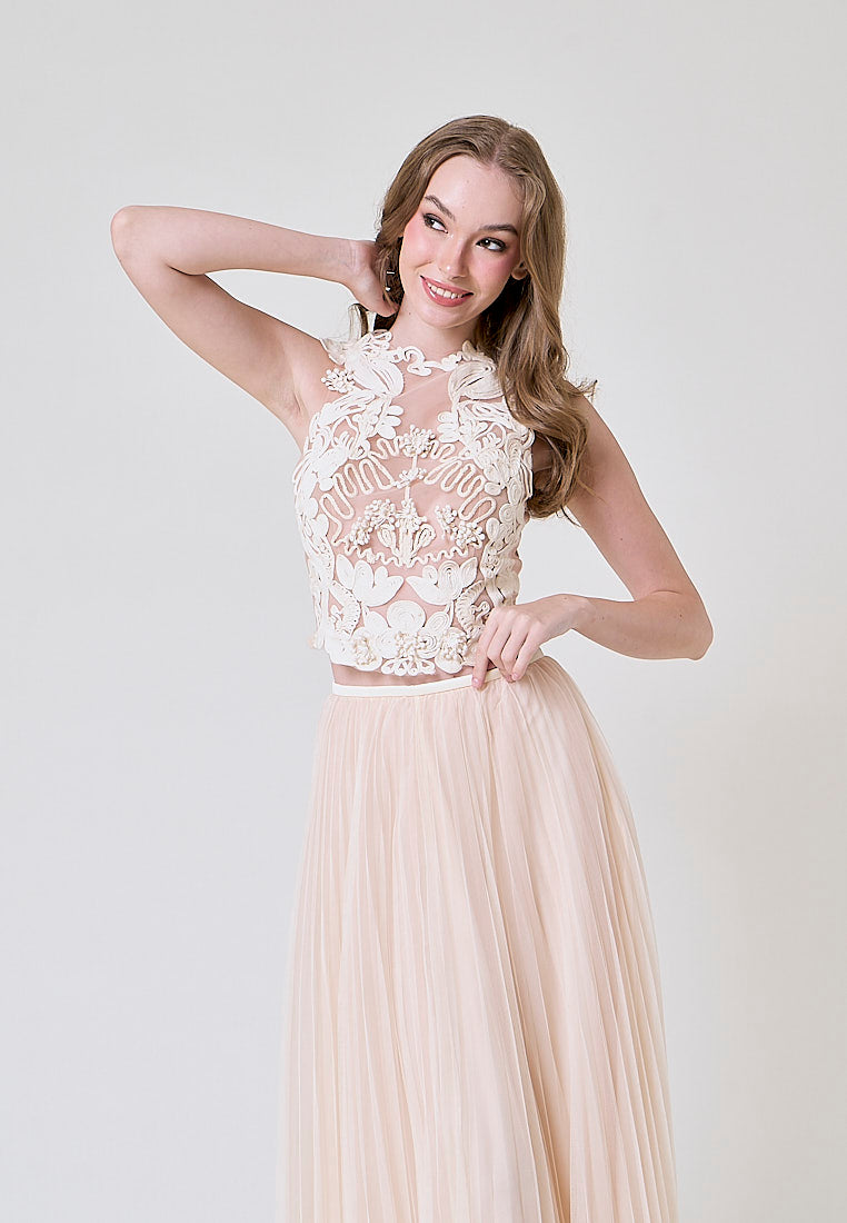 Therese Cream Sleveless Top With Flower Applique And Mesh Skirt Set