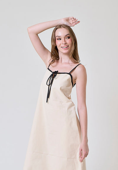 Shivani Beige Black Contrast Front Lace Up Midi Dress