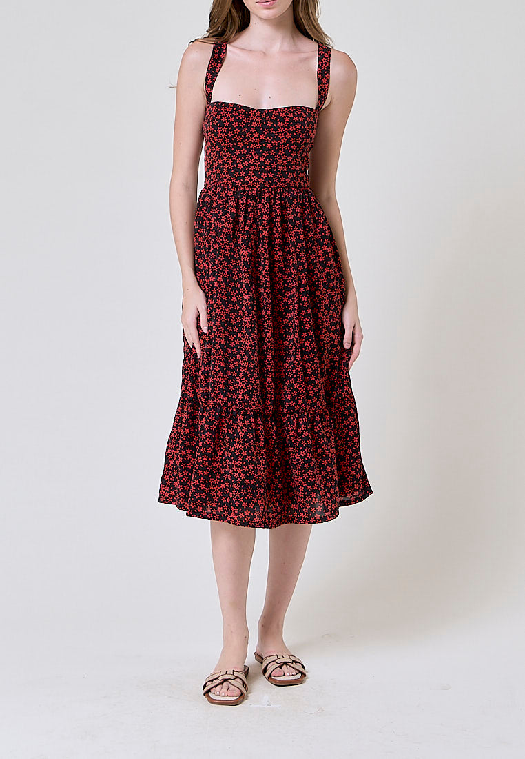 Nadeline Black and Red Floral Print Mermaid Midi Dress