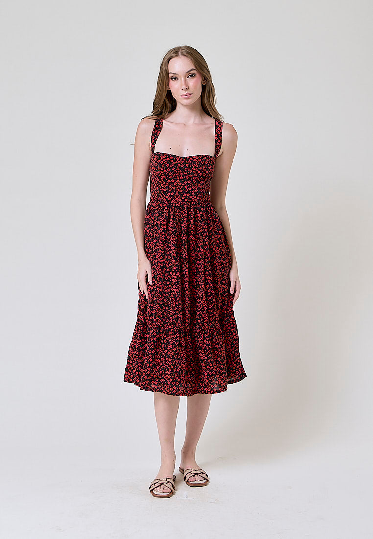 Nadeline Black and Red Floral Print Mermaid Midi Dress