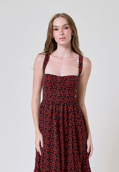 Nadeline Black and Red Floral Print Mermaid Midi Dress