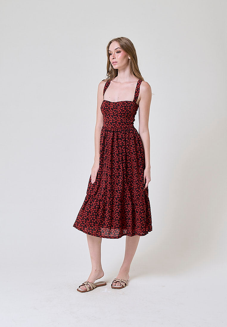 Nadeline Black and Red Floral Print Mermaid Midi Dress