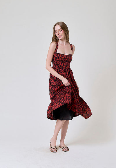 Nadeline Black and Red Floral Print Mermaid Midi Dress