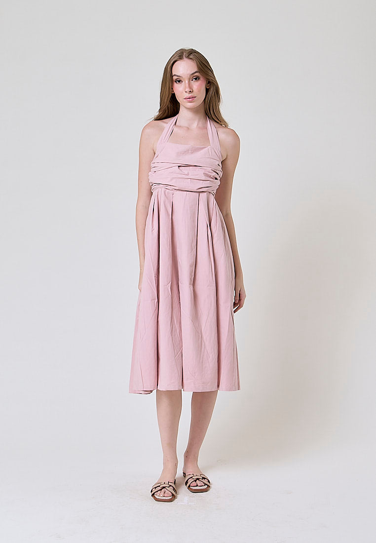 Melantha Old Rose Cowl Halter Midi Dress