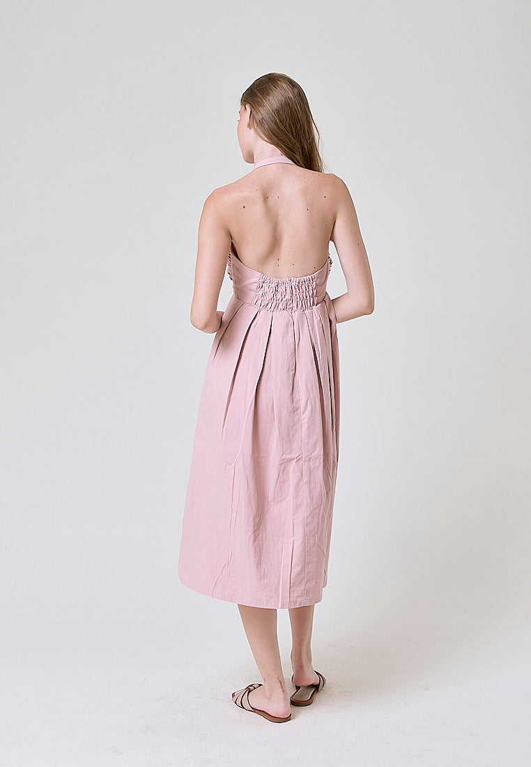 Melantha Old Rose Cowl Halter Midi Dress